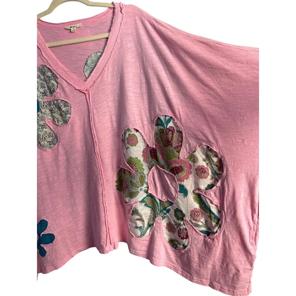 Blue Velvet Pink Floral Patchwork TunicTop XL Cottagecore Bohemian Oversized Art
